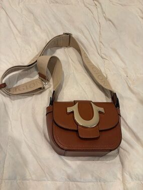 True Religion Cognac Leather Crossbody with Signature Canvas Strap